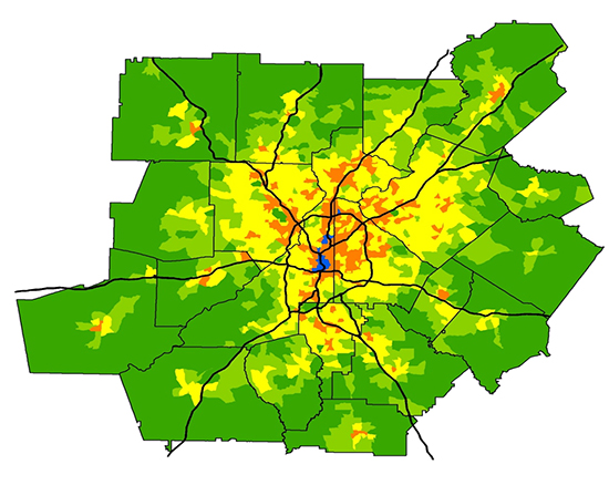 Map of the Atlanta, GA metropolitan area colored by measure of potential walking demands. Blue areas are located in the center of Atlanta and orange areas emanate out from the center.