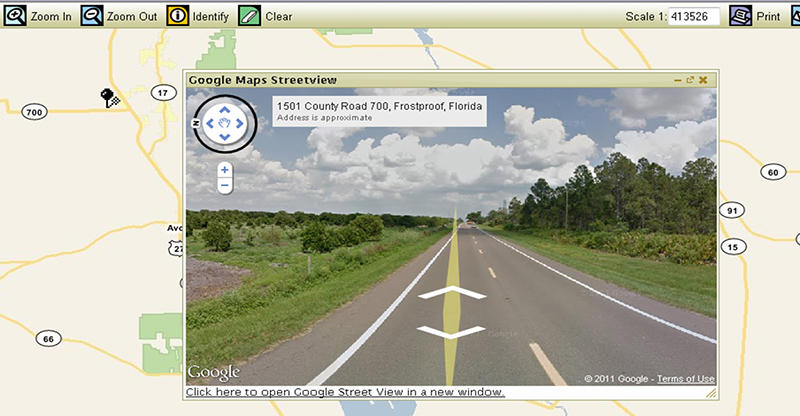 Screenshot of the Google Street View Integration with the Map Viewer showing a photograph of a street imposed over a map