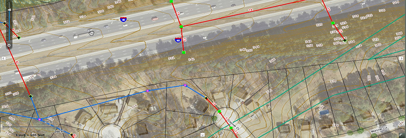 Screenshot of Hand Modeling of I-40 in TNM Using GIS showing an aerial model of a section of I-40 with colored lines