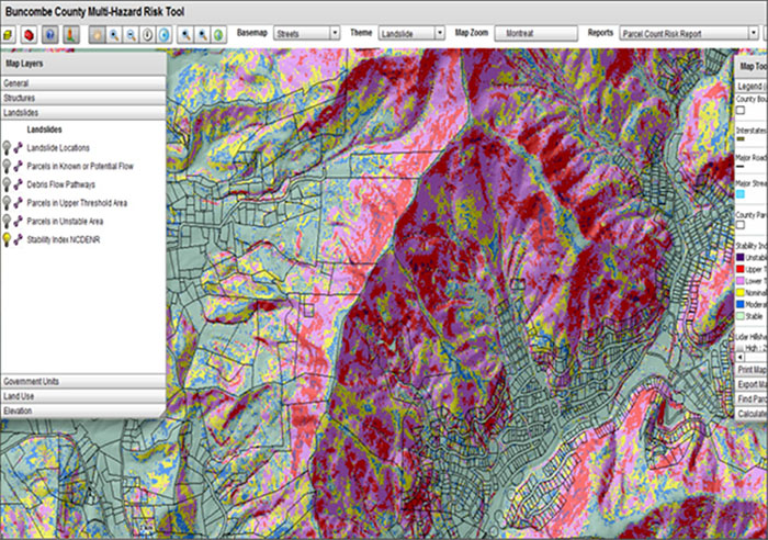 Screenshot from the Buncombe County Multi-Hazard Risk Tool of a color-coded map of Buncombe County that highlights areas that might be affected by a landslide debris flow and other natural hazards