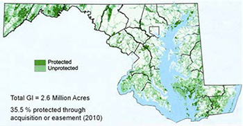 Screenshot from the GI Assessment, showing protected and unprotected areas using a color-coded map of the State of Maryland. Total GI = 2.6 million acres. 35.5% protected through acquisition or easement.