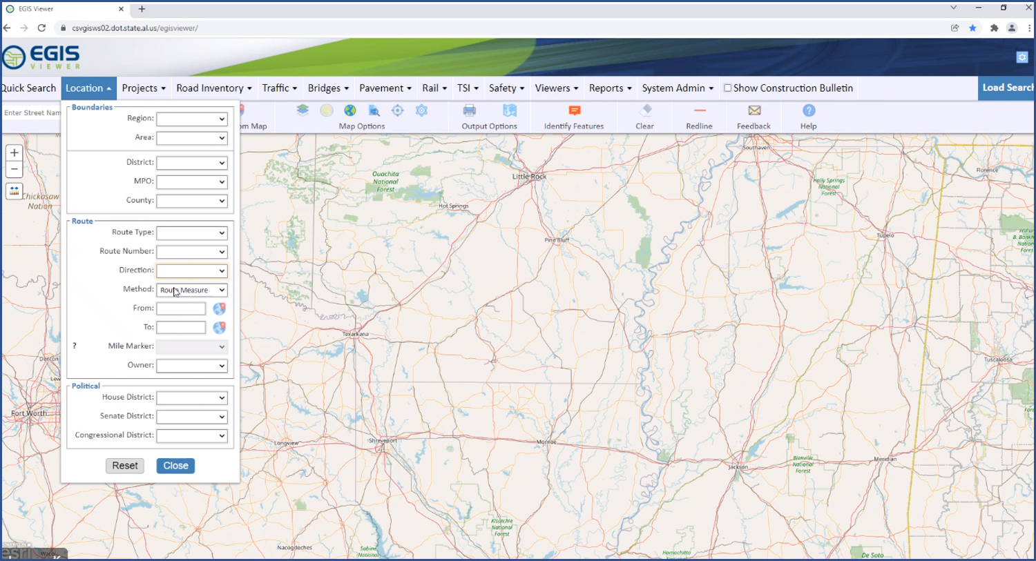 screenshot of ALDOT’s eGIS data viewer shows a map with an upper strip of criteria used to customize the map