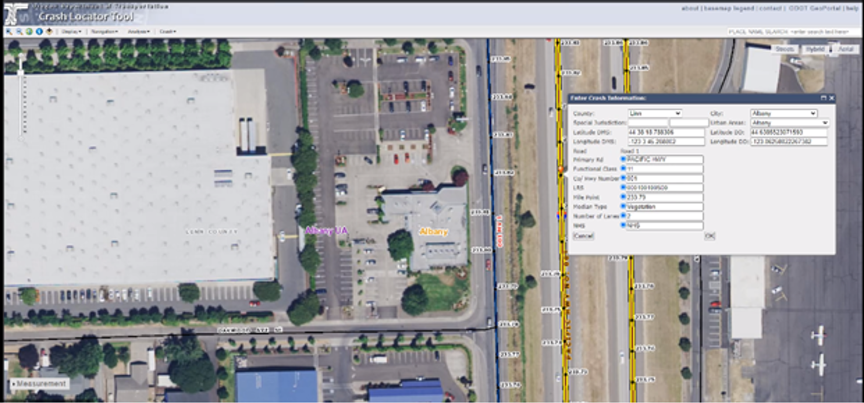 screenshot of the CTL Mapping Interface showing the aerial view of a crash location with a popup containing details of the crash location, including latitude and longitude