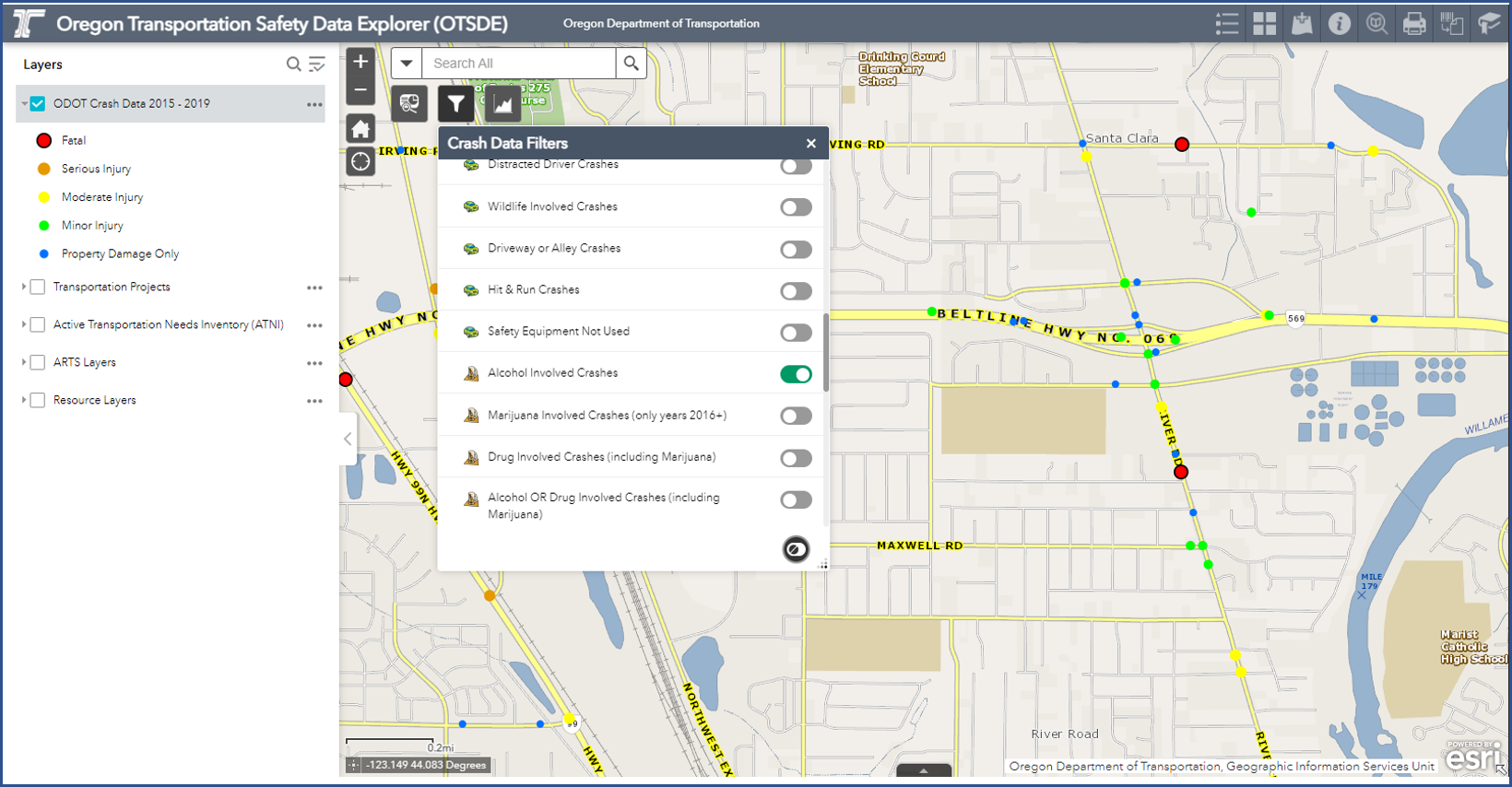 screenshot of the OTSDE Mapping Interface displaying a map with crash locations, a left menu of map Layer selections, and a popup of Crash Data Filters
