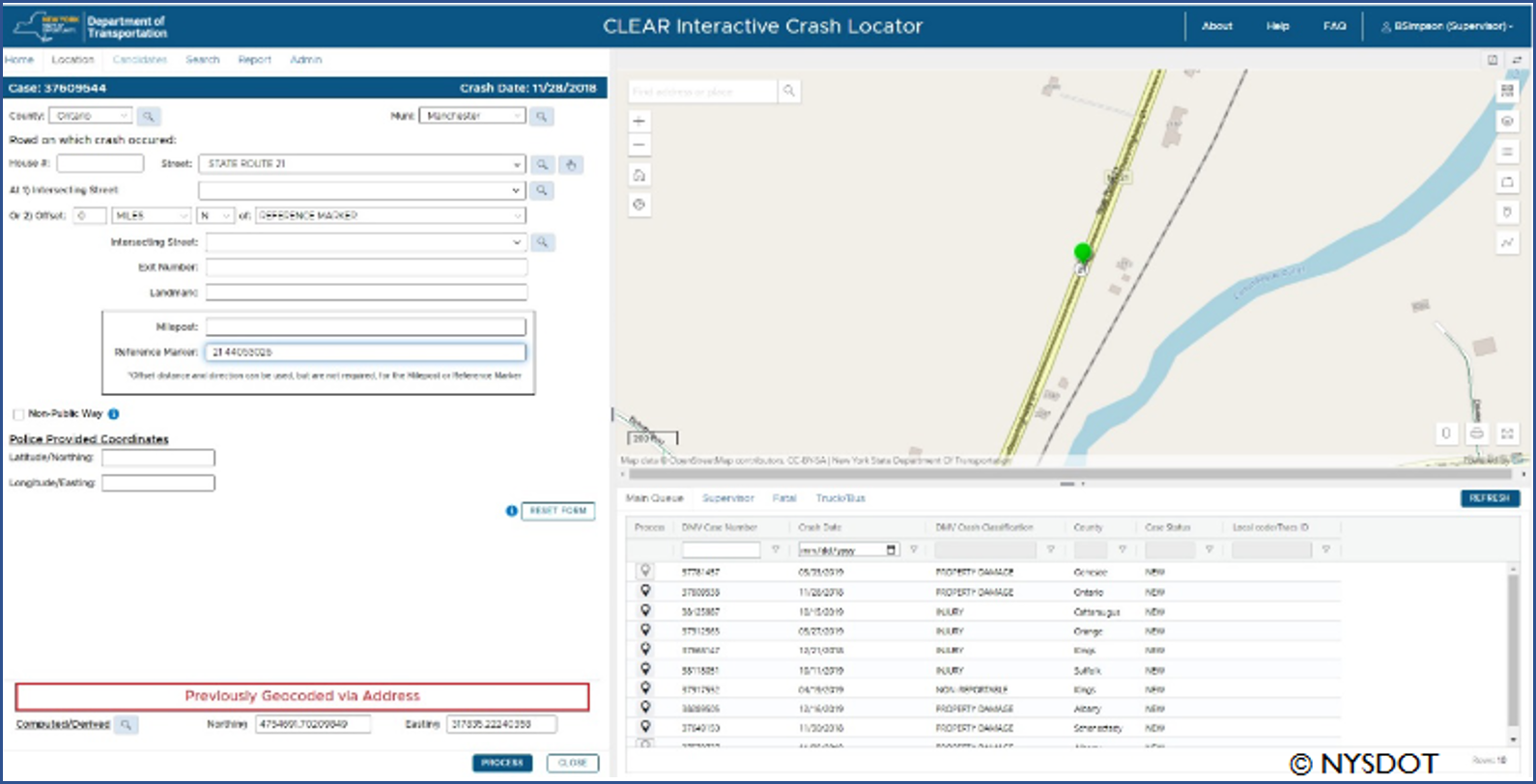 screenshot of NYSDOT’s CLEAR Interactive Crash Locator displaying (1) search input, (2) a map with selectable layers showing the location of a vehicle crash, and (3) data about that vehicle crash location