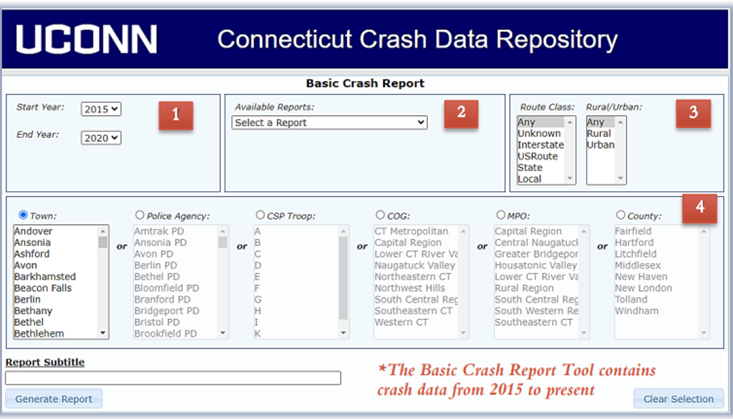 screenshot of a Basic Crash Report search criteria displaying on UCONN’s Connecticut Crash Data Repository: (1) Start and End years, (2) Select an available report, (3) Route Class and Rural, Urban, or both, and (4) Town or Police Agency or CSP Troop or COG or MPO or County