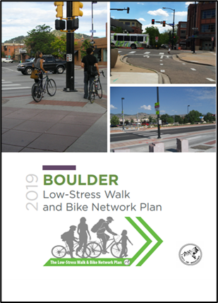 A cover page of the Boudler, Colorado's Low-stress walk and bike network plan of 2019. 
