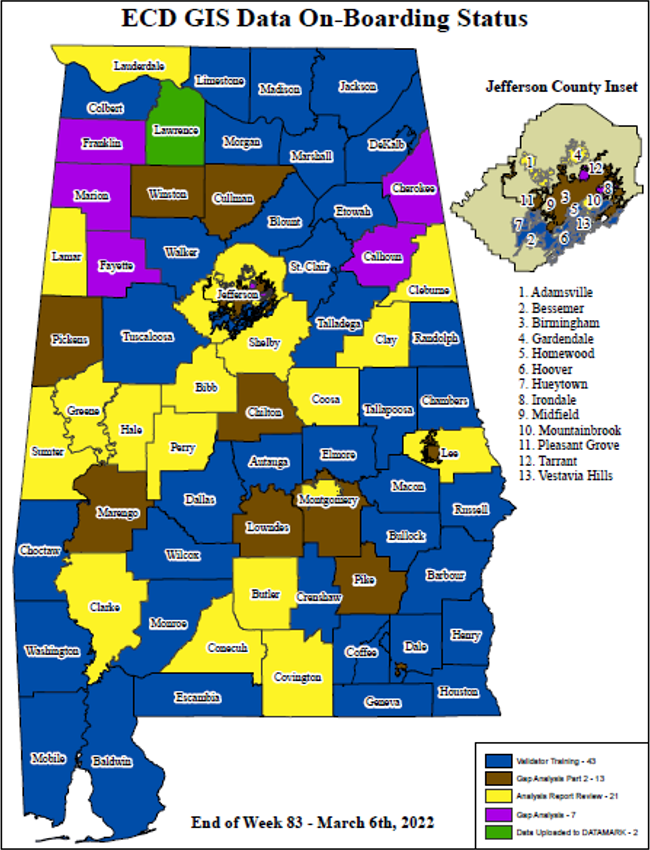 Alabama Counties ECD GIS data on-boarding status. See Long Description link below.