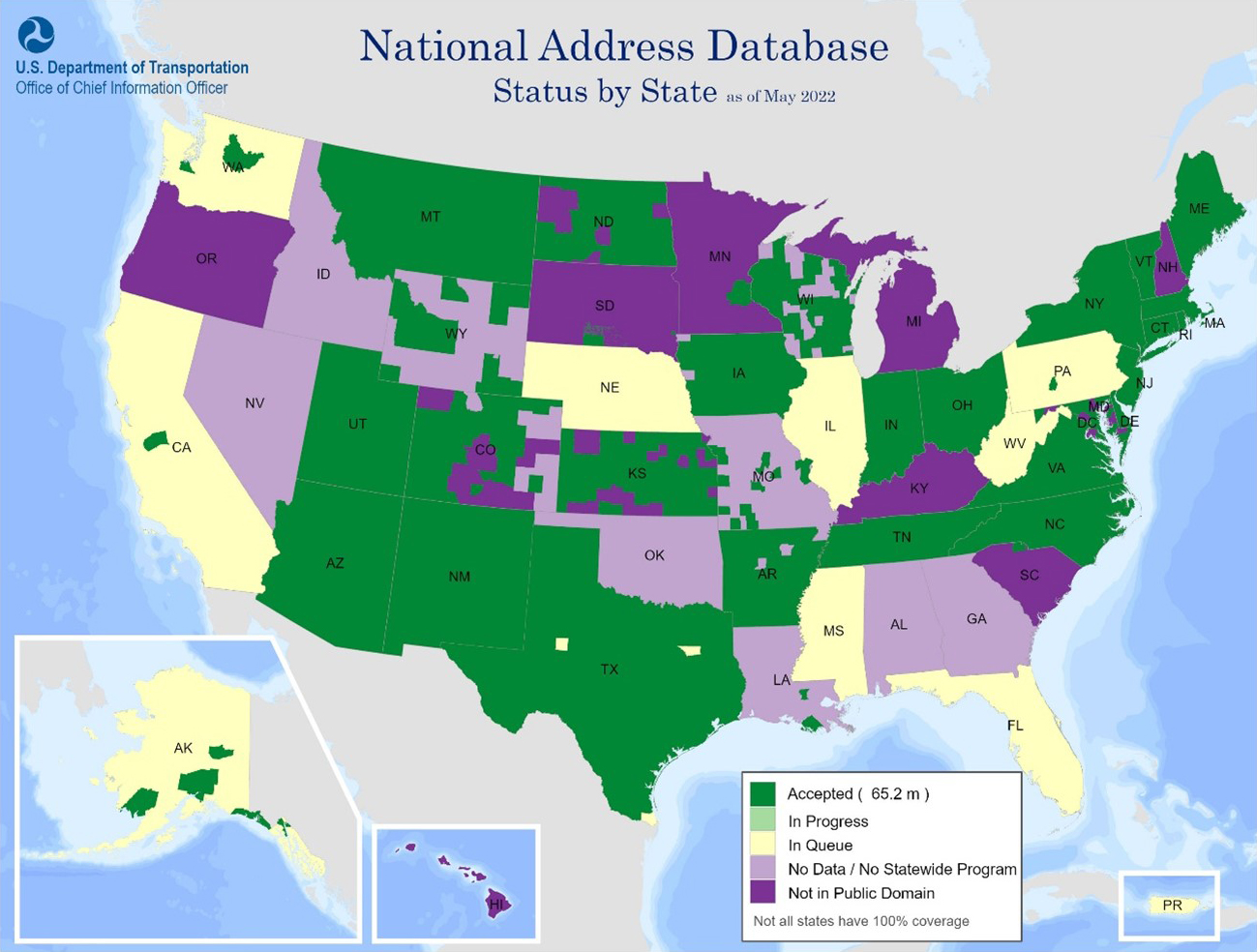 Map of the status of State submissions to the National Address Database. See Long Description link below.