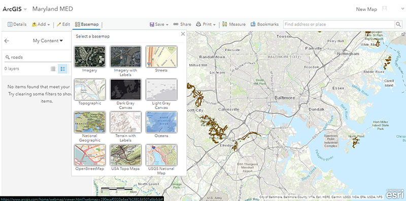 screenshot of MDSHA’s online ArcGIS mapping tool displaying a map of Baltimore and twelve basemaps to choose