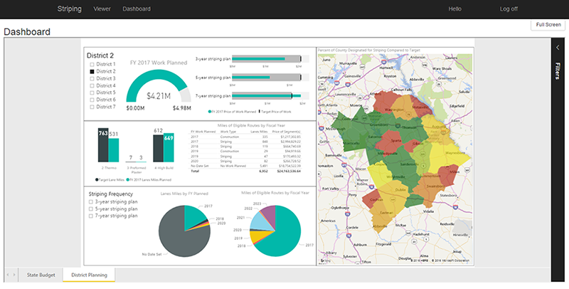 screenshot of GDOT’s dashboard reporting tool displaying a map, charts, graphs, and a table