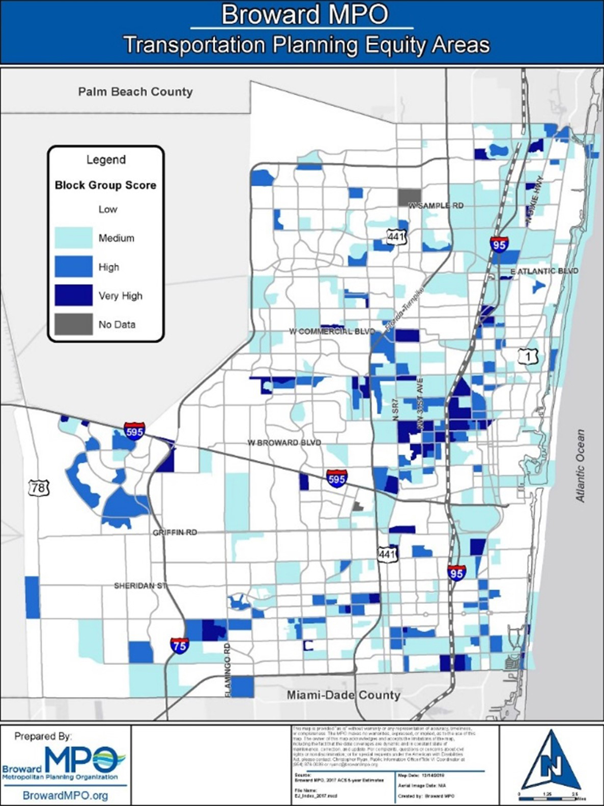 Broward MPO Transportation Planning Equity Areas Map showing the composite scoring for various census block groups in Broward County, Florida based upon the indicators for each block group.