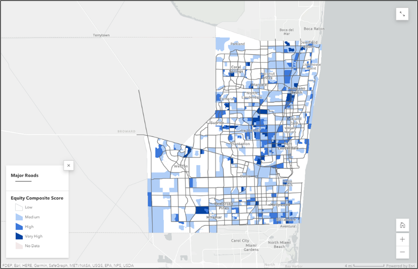 Screenshot of the Equity Composite Score Map from the Transportation Planning Equity Assessment Tool StoryMap