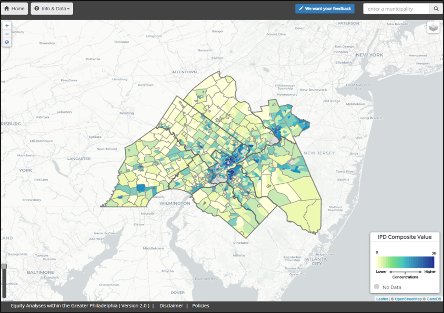 Screenshot of map detail of the Equity Analysis for the Greater Philadelphia Region tool, showing the Indicators of Potential Disadvantage composite score for each Census Tract in the MPOs jurisdiction