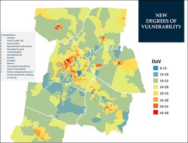 Static map of the Degrees of Vulnerability for Census Block Groups in the Nashville Metropolitan region