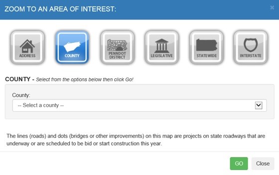 screenshot of the PennDOT GIS Web Application showing how a user can zoom to an area of interest
