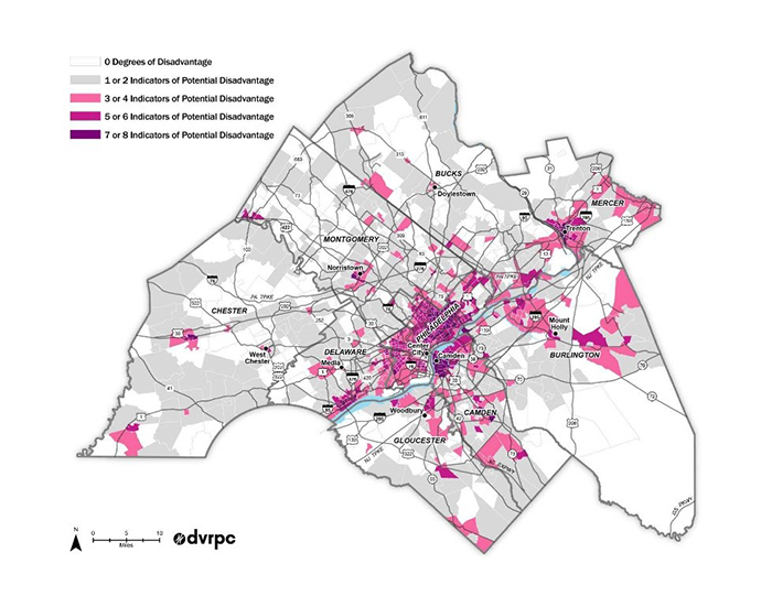 DVRPC map centered around Philadelphia color-coded to show the number of planning-related issues and challenges. The issues and challenges are listed above.
