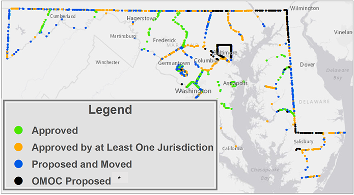 map of Maryland marked with colored circles to show Maryland's system status