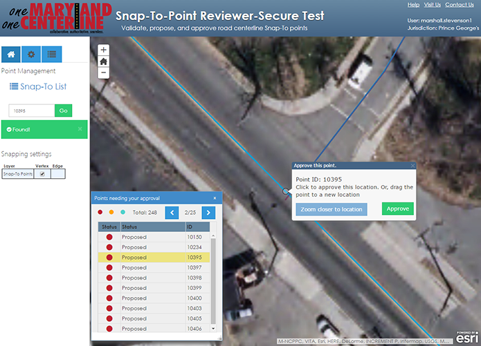 screenshot of the Maryland Centerline Snap-To_point Reviwer-Secure Test