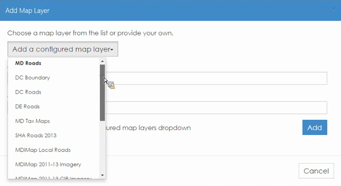 screenshot of the MDOT/SHA application's optional map layers dropdown menu 