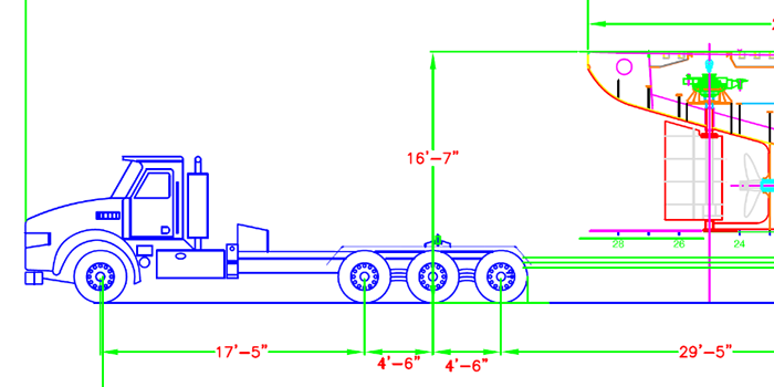 line drawing of pole truck marked with dimension measurements
