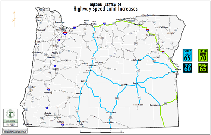 map of Oregon with major highways color-coded to show different speed limits: 65/60 for trucks and 70/65 for trucks