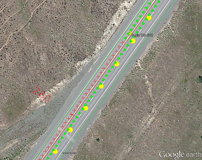 no-pass zones overlaid on a Google Earth image of the road